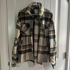 Altar'd State Plaid shacket in Black, Cream, and Tan